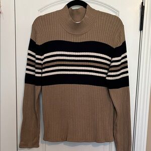 Adventure Ready Women’s Mockneck Tan with Navy Striped Sweater Size Large